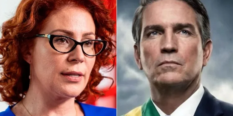 Imagem colorida mostra Carla Zambelli e ator de filme Dark Horse, sobre Bolsonaro. Metrópoles