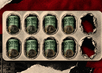 Ilustração editorial: cartela de comprimidos com cédulas de real brasileiro no lugar dos remédios. Capa da série Operação Mederi do Blog do Dina.